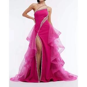 NEW VIENNA PROM one shoulder detail and flowy overskirt gown in fuchsia